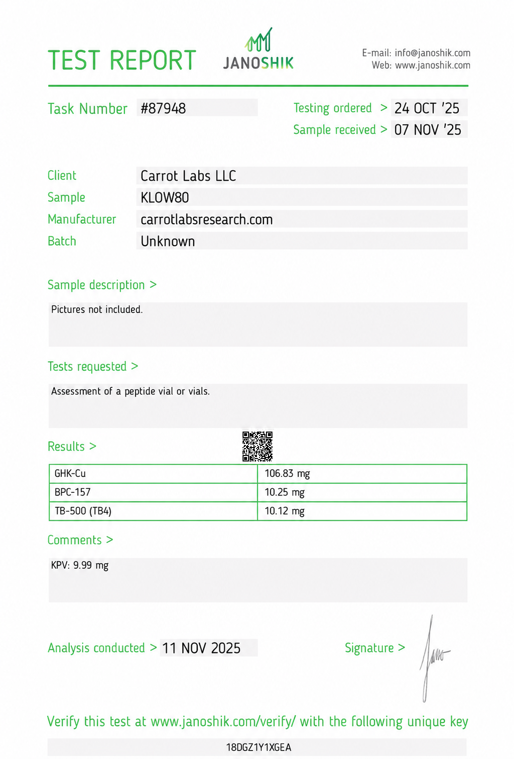 BPC-157 + TB-500 + GHK-Cu + KPV 80mg Certificate of Analysis